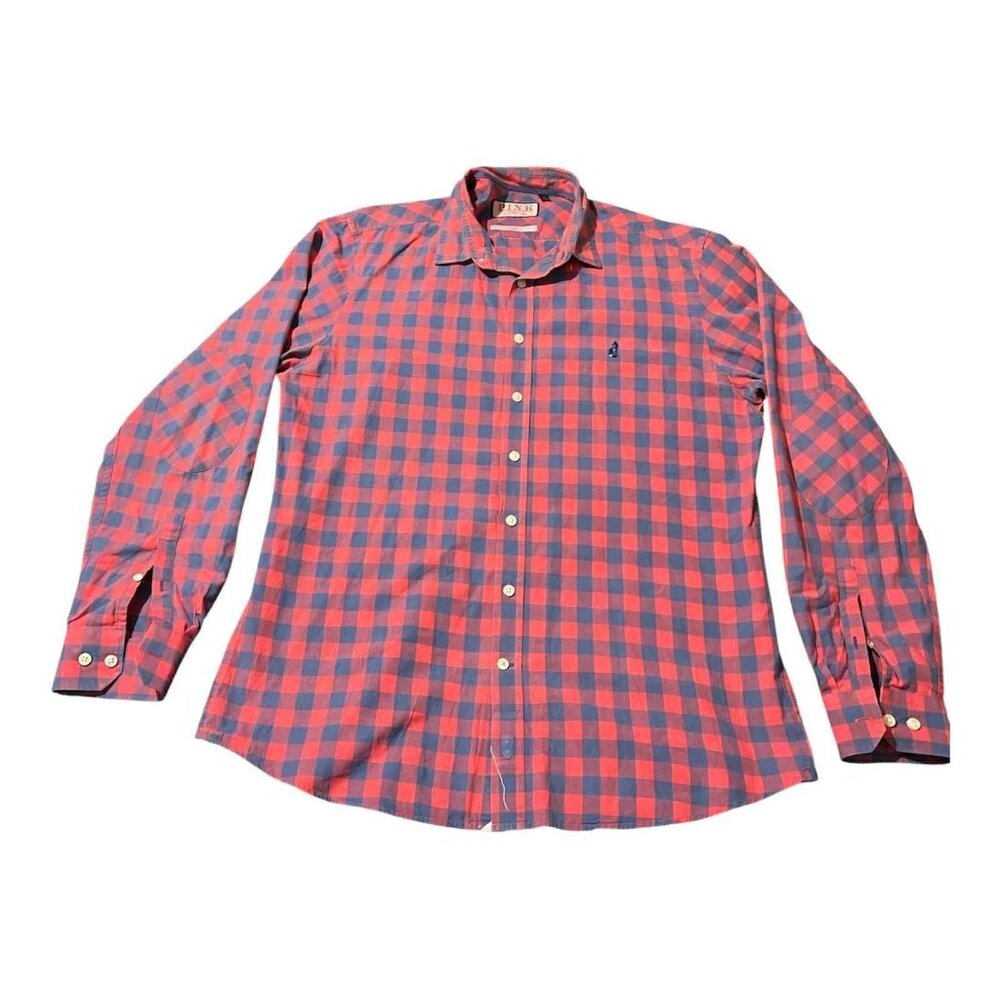 Thomas Pink Shirt Mens Large Red Blue Plaid Button‎ Down Long Sleeve Casual